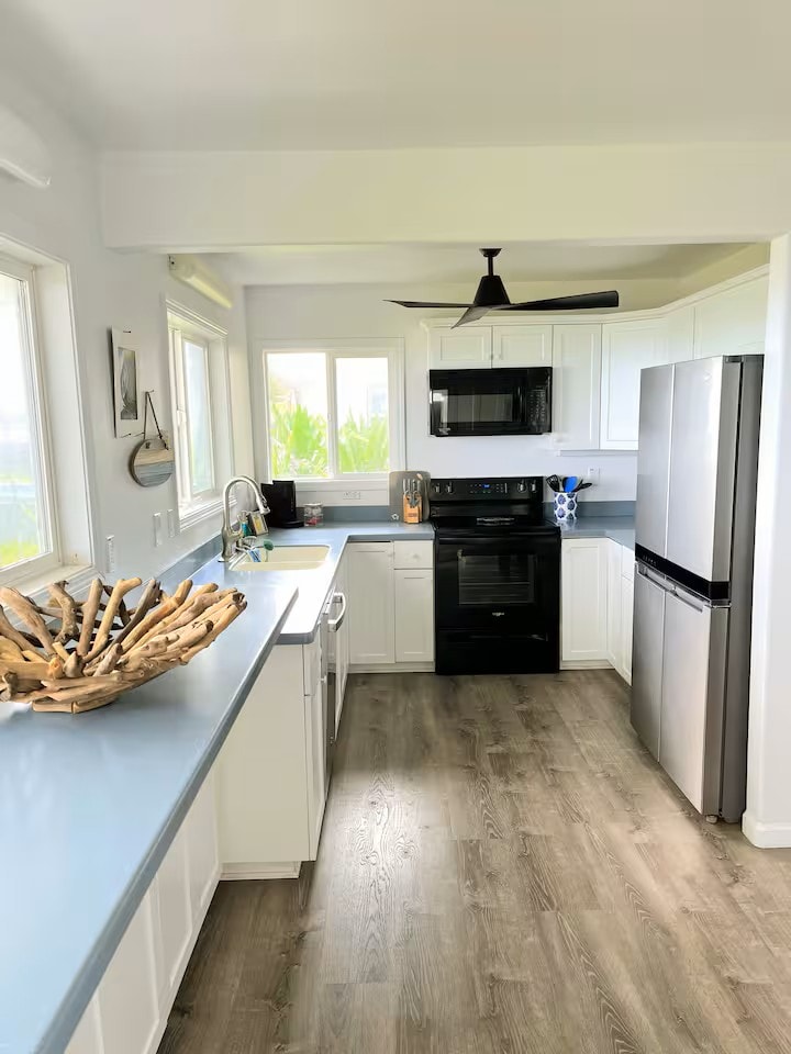 Bright kitchen with white cabinetry, blue countertops, black appliances, and tropical garden views